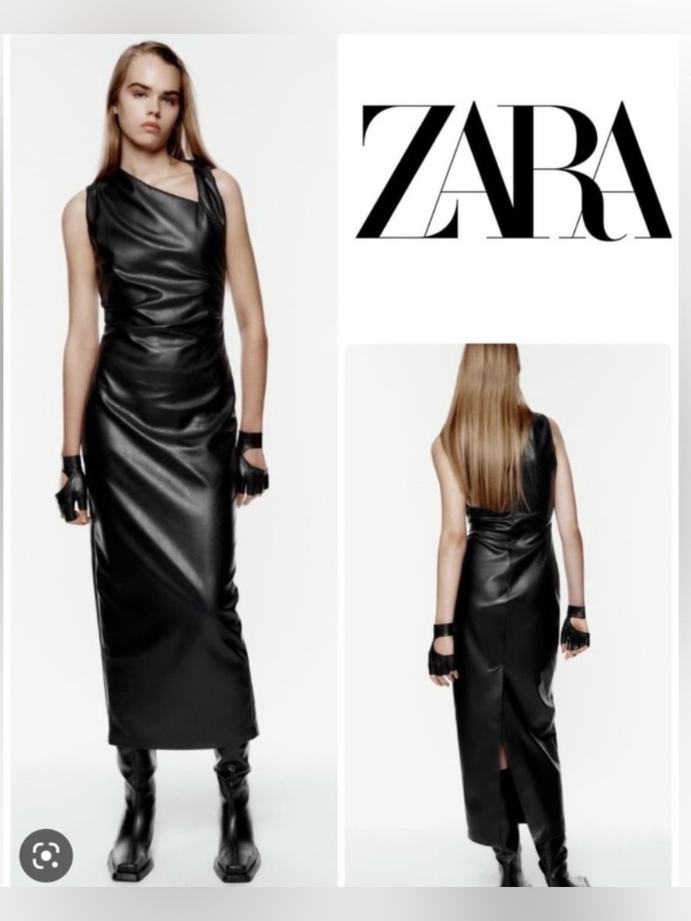 ZARA Faux Leather Asymmetric Draped Midi Maxi Dress Medium Black‎ Cocktail Party